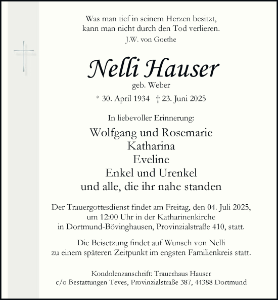 Traueranzeige von Nelli Hauser von Tageszeitung
