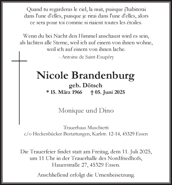 Traueranzeige von Nicole Brandenburg von Tageszeitung