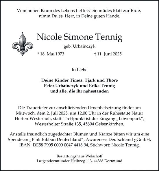 Traueranzeige von Nicole Simone Tennig von Tageszeitung