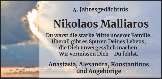 Traueranzeige von Nikolaos Malliaros von Tageszeitung