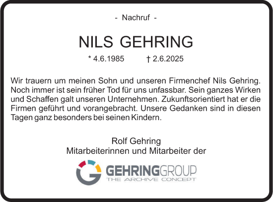 Traueranzeige von Nils Gehring von Tageszeitung