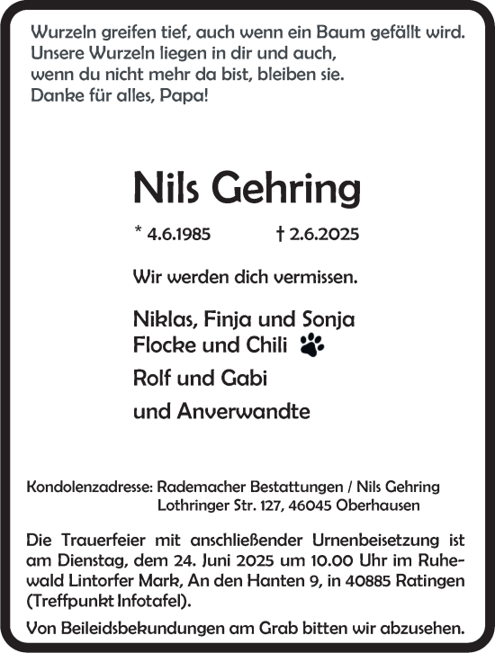 Traueranzeige von Nils Gehring von Tageszeitung