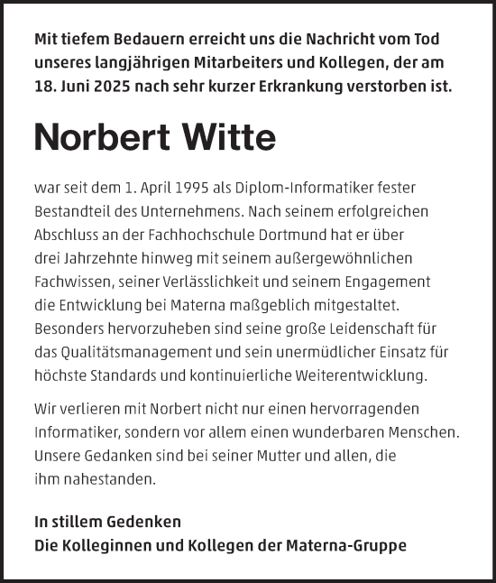 Traueranzeige von Norbert Witte von Tageszeitung
