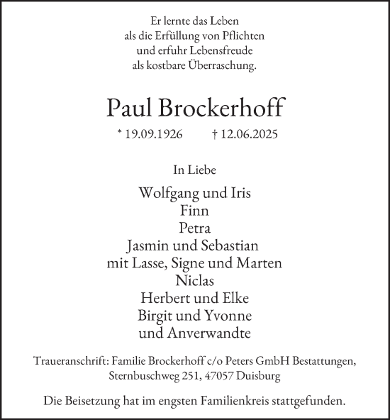 Traueranzeige von Paul Brockerhoff von Tageszeitung