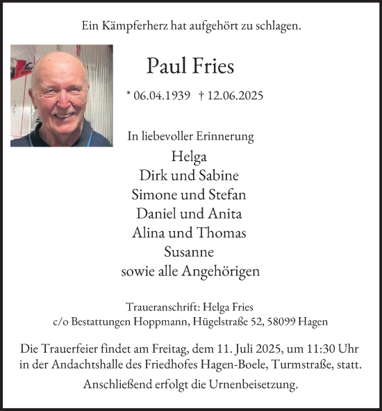 Traueranzeige von Paul Fries von Tageszeitung