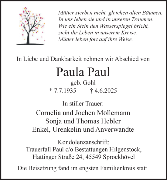Traueranzeige von Paula Paul von Tageszeitung