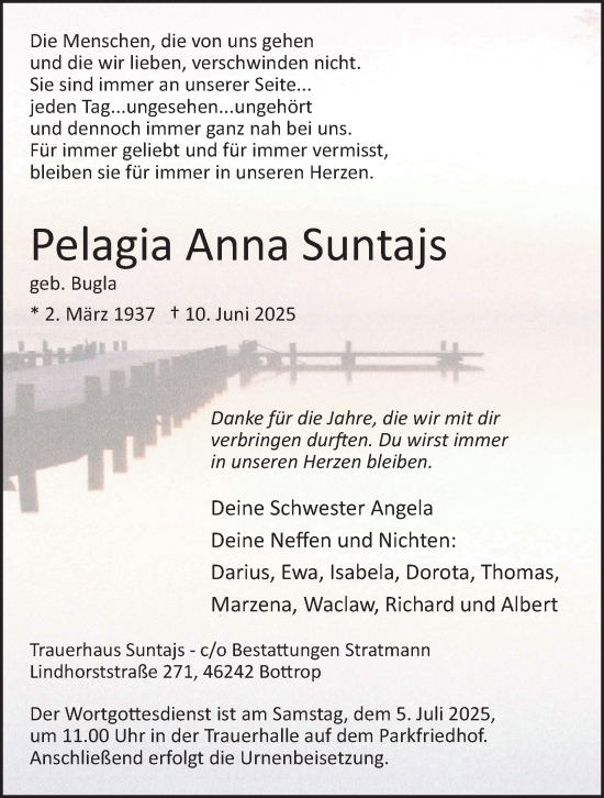 Traueranzeige von Pelagia Anna Suntajs von Tageszeitung