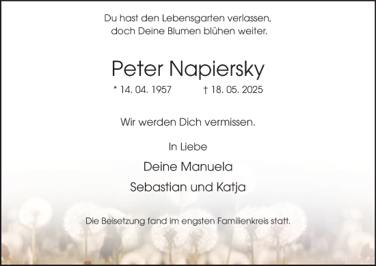 Traueranzeige von Peter Napiersky von Tageszeitung