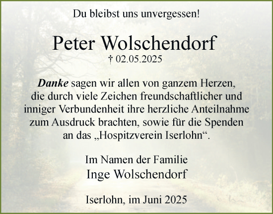 Traueranzeige von Peter Wolschendorf von Tageszeitung