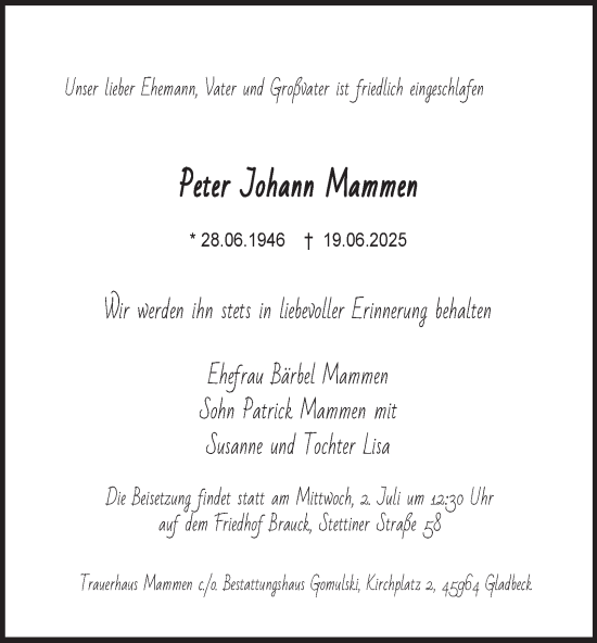 Traueranzeige von Peter Johann Mammen von Tageszeitung