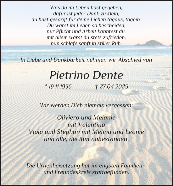 Traueranzeige von Pietrino Dente von Tageszeitung