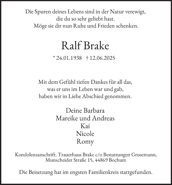 Traueranzeige von Ralf Brake von Tageszeitung