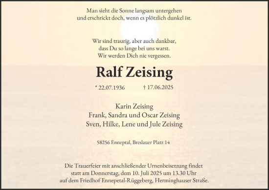 Traueranzeige von Ralf Zeising von Tageszeitung