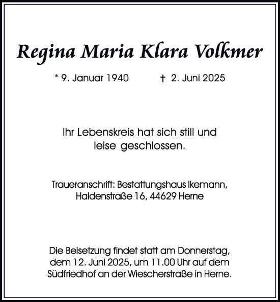 Traueranzeige von Regina Maria Klara Volkmer von Tageszeitung