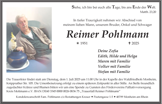 Traueranzeige von Reimer Pohlmann von Tageszeitung