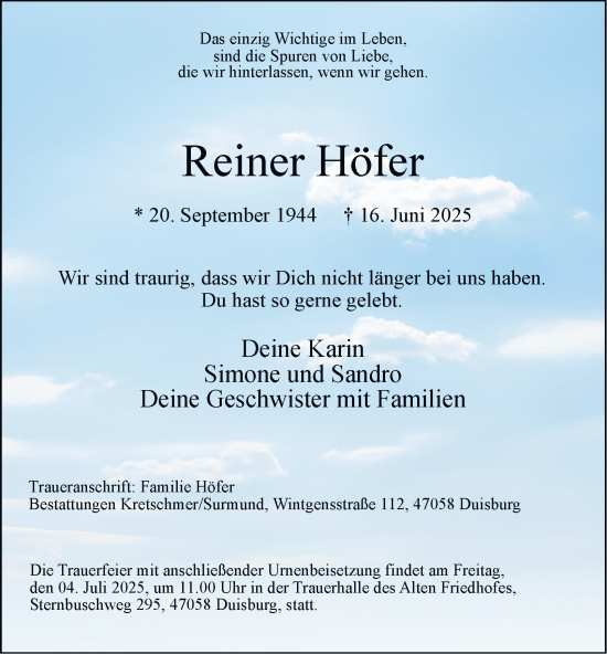 Traueranzeige von Reiner Höfer von Tageszeitung