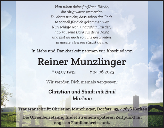 Traueranzeige von Reiner Munzlinger von Tageszeitung