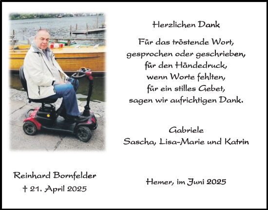 Traueranzeige von Reinhard Bornfelder von Tageszeitung