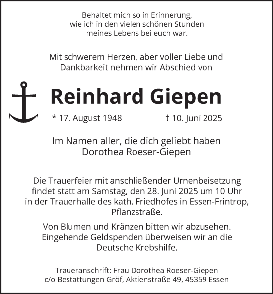Traueranzeige von Reinhard Giepen von Tageszeitung