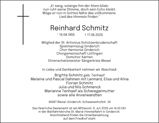 Traueranzeige von Reinhard Schmitz von Tageszeitung