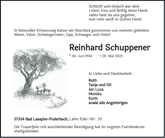 Traueranzeige von Reinhard Schuppener von Tageszeitung