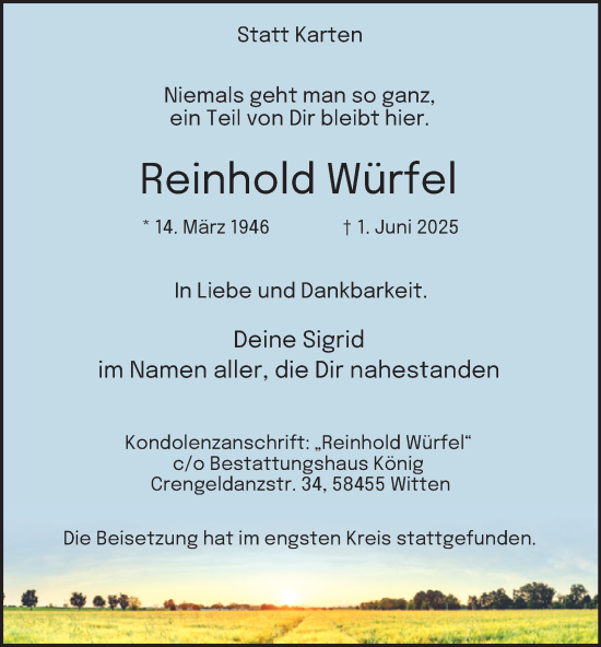 Traueranzeige von Reinhold Würfel von Tageszeitung