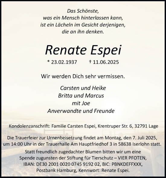 Traueranzeige von Renate Espei von Tageszeitung