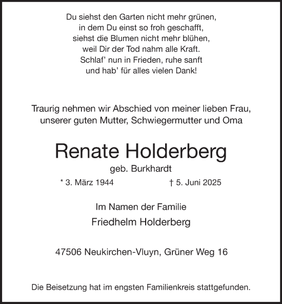 Traueranzeige von Renate Holderberg von Tageszeitung