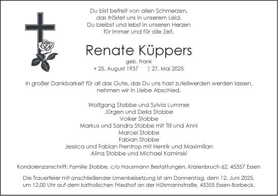 Traueranzeige von Renate Küppers von Tageszeitung