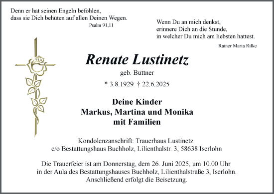 Traueranzeige von Renate Lustinetz von Tageszeitung