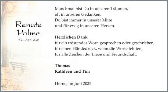 Traueranzeige von Renate Palme von Tageszeitung