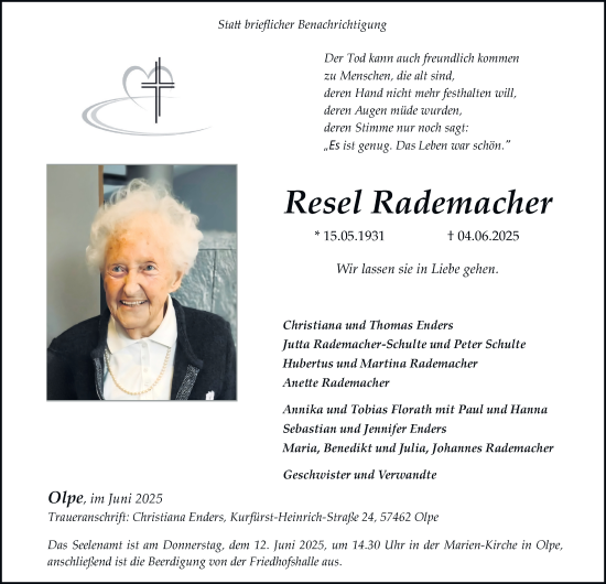 Traueranzeige von Resel Rademacher von Tageszeitung