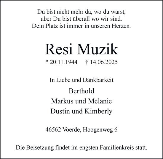 Traueranzeige von Resi Muzik von Tageszeitung