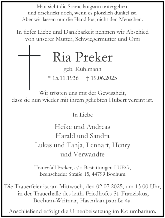 Traueranzeige von Ria Preker von Tageszeitung