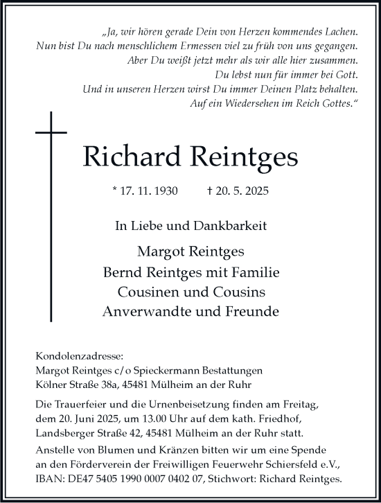 Traueranzeige von Richard Reintges von Tageszeitung