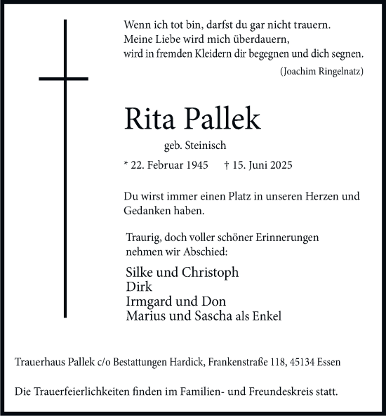 Traueranzeige von Rita Pallek von Tageszeitung