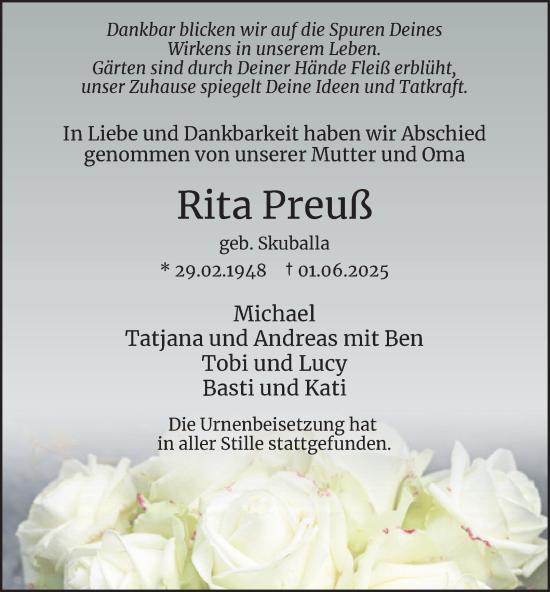 Traueranzeige von Rita Preuß von Tageszeitung