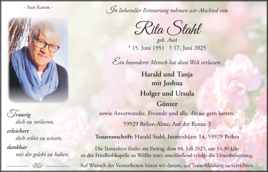Traueranzeige von Rita Stahl von Tageszeitung