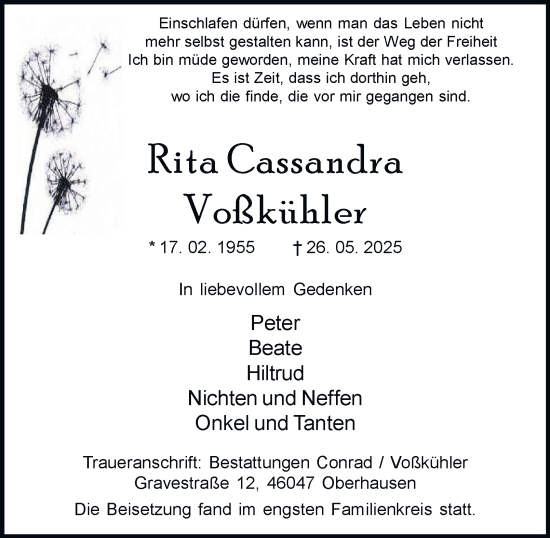 Traueranzeige von Rita Voßkühler von Tageszeitung
