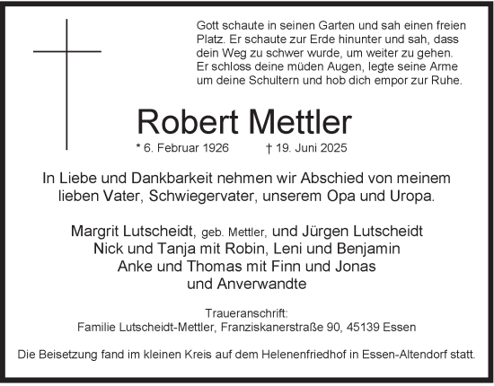 Traueranzeige von Robert Mettler von Tageszeitung