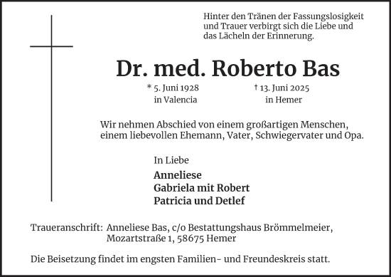 Traueranzeige von Roberto Bas von Tageszeitung