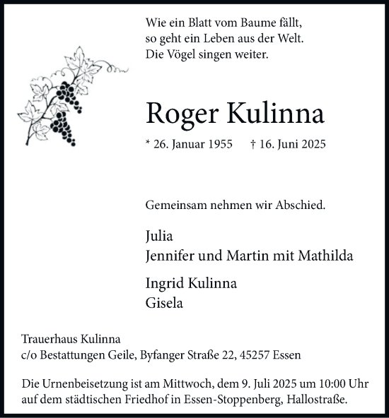 Traueranzeige von Roger Kulinna von Tageszeitung
