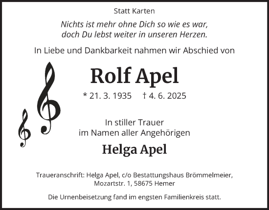 Traueranzeige von Rolf Apel von Tageszeitung