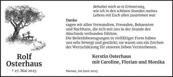 Traueranzeige von Rolf Osterhaus von Tageszeitung