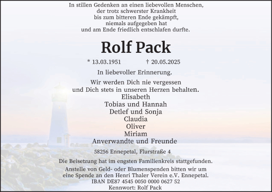 Traueranzeige von Rolf Pack von Tageszeitung