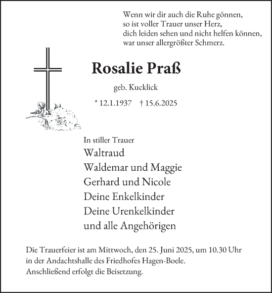 Traueranzeige von Rosalie Praß von Tageszeitung