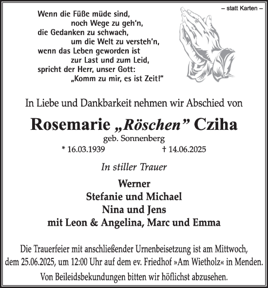 Traueranzeige von Rosemarie Cziha von Tageszeitung