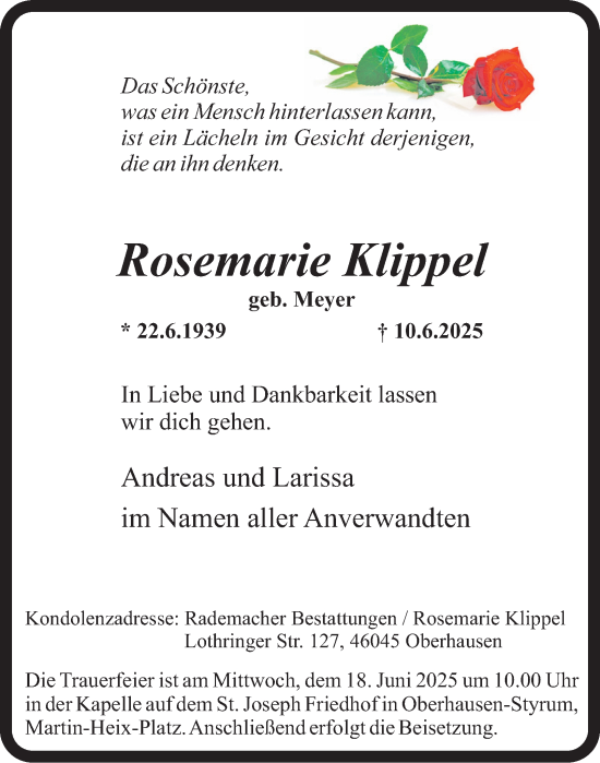 Traueranzeige von Rosemarie Klippel von Tageszeitung