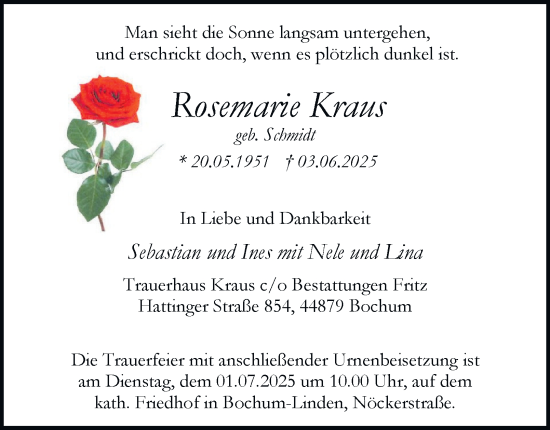 Traueranzeige von Rosemarie Kraus von Tageszeitung