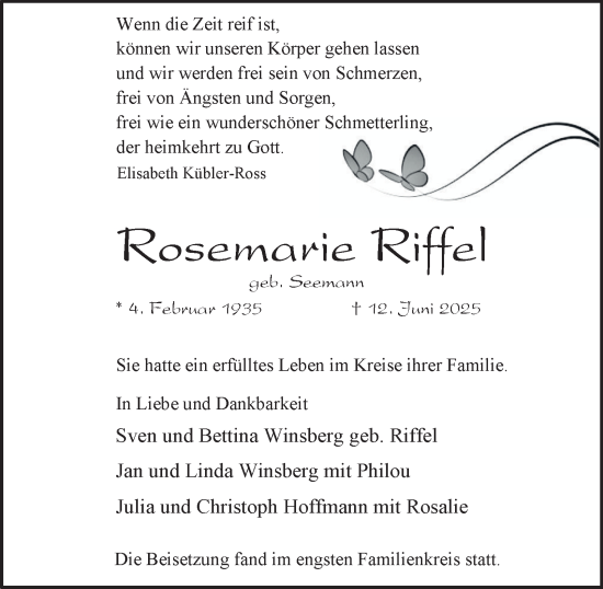 Traueranzeige von Rosemarie Riffel von Tageszeitung